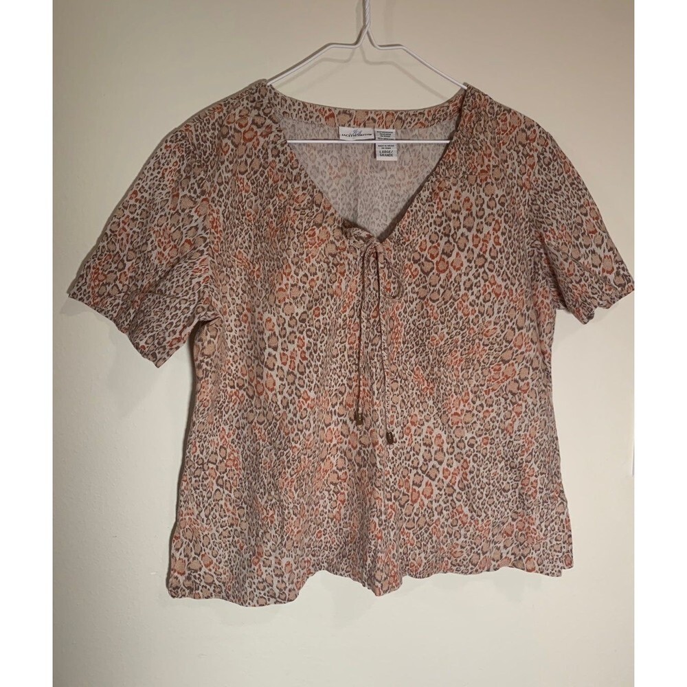 Jaclyn Smith animal print V-neck linen blend blouse size L